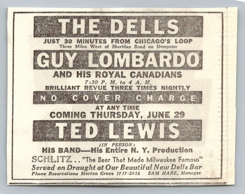 1933 The Dells Chicago Print Ad Guy Lombardo Ted Lewis Schlitz Beer Ephemera
